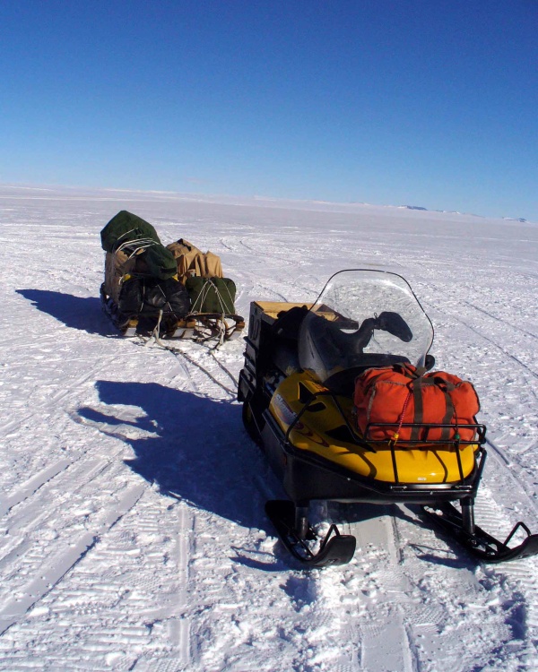 Sno-mo ready to pull a double Nansen sledge for our 35 km traverse from the Otway Massif to the Mauger Nanatak.