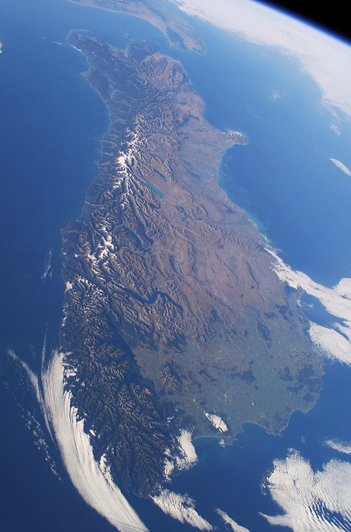 South Island, New Zealand; a photograph from the International Space Station during Expedition 6.