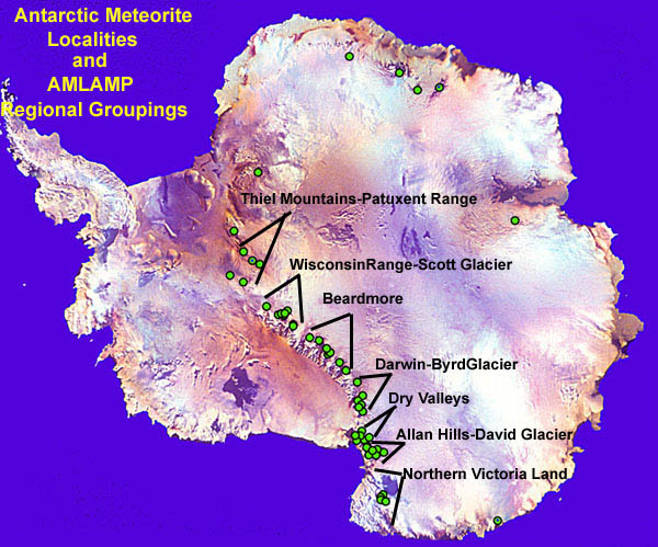 The Antarctic continent with green dots where prior ANSMET expeditions have searched for meteorites.  The majority of the meteorites seem to be found in areas against the eastern side of the Trans-Antarctic Mountains.  The Grosvenor Mountains are located at the upper green dot in the section labeled "Beardmore".   The South Pole is near the "C" in Wisconsin".