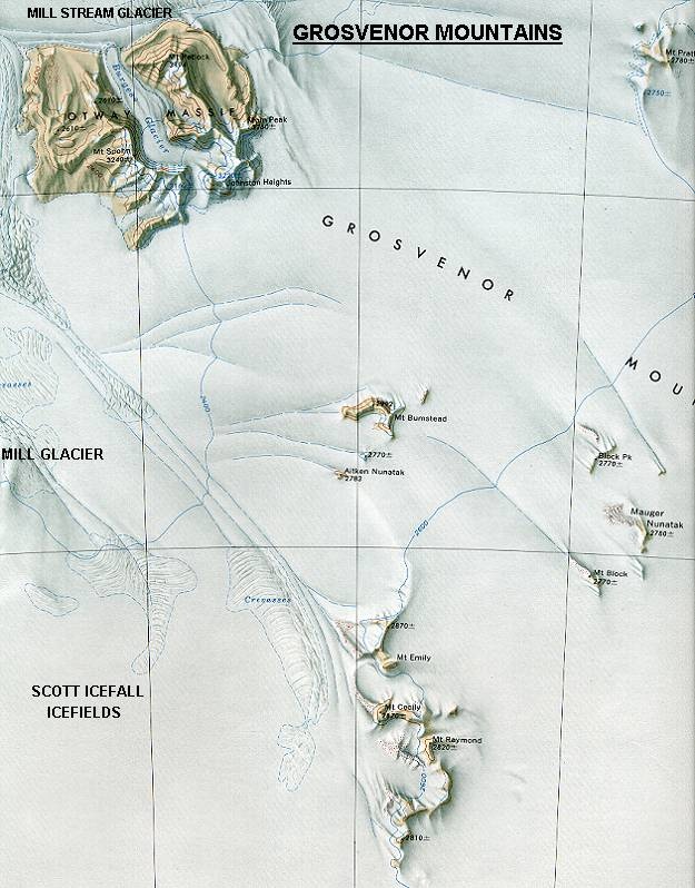 Map detail of the Grosvenor Mountain region where we will deploy at the Otway Massif and search the Mauger and Larkman Nanatak areas.