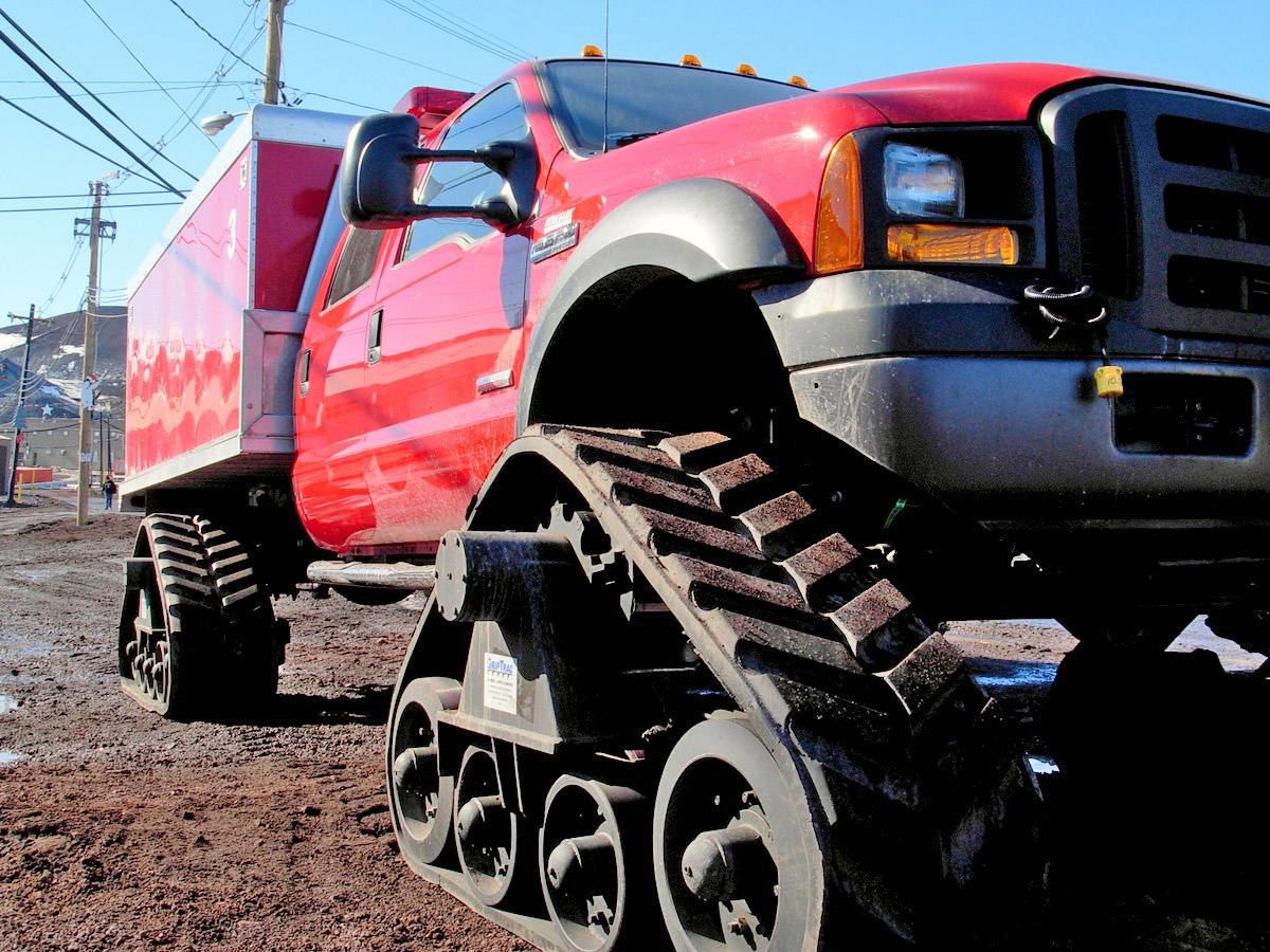 Exchanging tires for tracks, this over grown pickup truck is used by the McMurdo fire department.