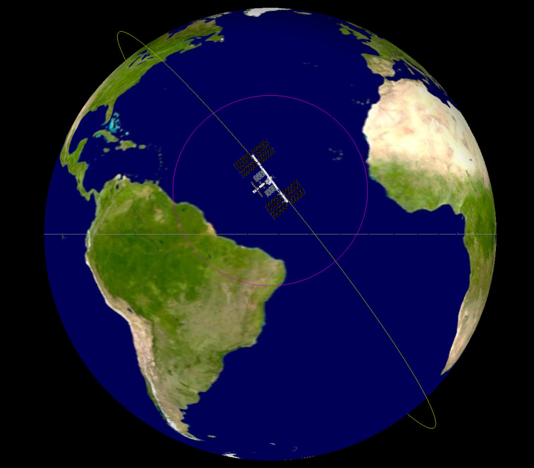 It is best to avoid a collision with space junk; this computer graphic shows Space Station’s orbit as a “yellow” hula-hoop at the designed angle of 51.6 degrees to Earth’s equator with the purple circle depicting the extent to which we can see.  Note that it is possible to view both Africa and South America when over the Atlantic Ocean.  As Earth rotates beneath Space Station, new regions of Earth are seen with each sequential orbit.  Any space junk with an orbit that crosses the yellow line could potentially crash into Space Station with catastrophic results.  The best way to avoid a collision with space junk is to fire our rocket engines, thus raising the orbit of Space Station by a few kilometers and moving it out of harms way.  Sometimes a possible collision is discovered with insufficient time to maneuver out of the way; we as crew huddle in out return spacecraft literally rolling dice with the cosmos until the conjunction is past.